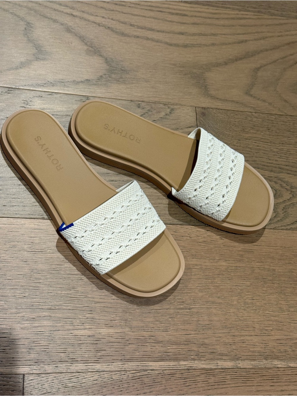 Rothy's Cream Woven Slide Sandals with Tan Footbed